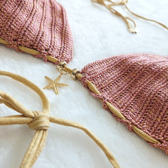 Cherina Beachwear Nora Crochet Bikini Top & Side-Tie Bottoms in Pink Lurex Gold - Picture 4 of 12
